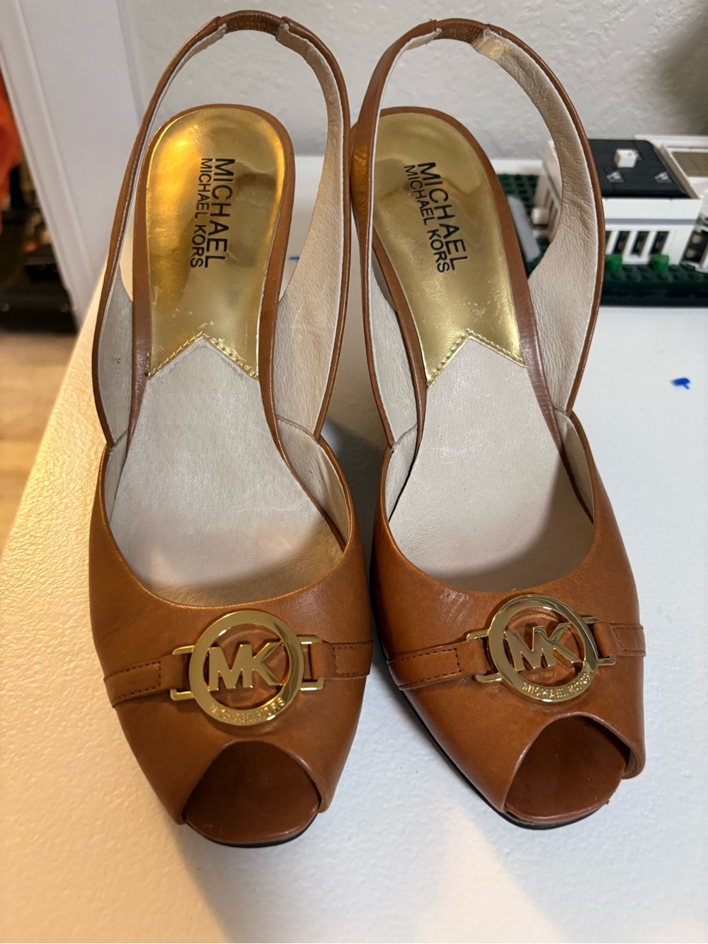 MICHAEL Michael Kors Brown Leather Peep-Toe Slingback Heels with Gold MK Logo